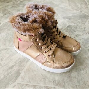 NWOT MIA rose gold furry high top patch work metallic sneakers SZ 5, 4, & 3.5